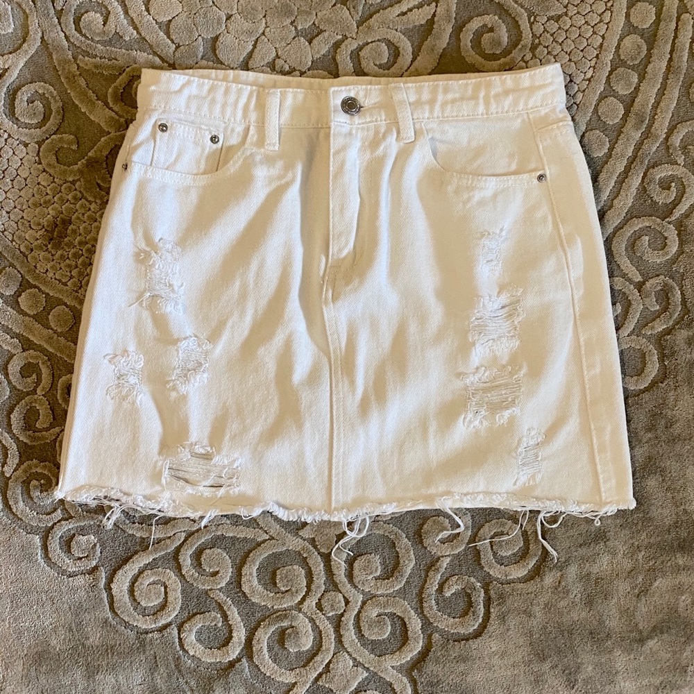 Distressed White Jean Skirt